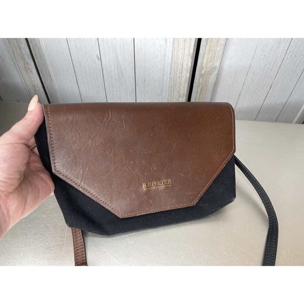 R Riveter Womens Handbag Purse Clutch Black Canvas Brown Leather Distressed